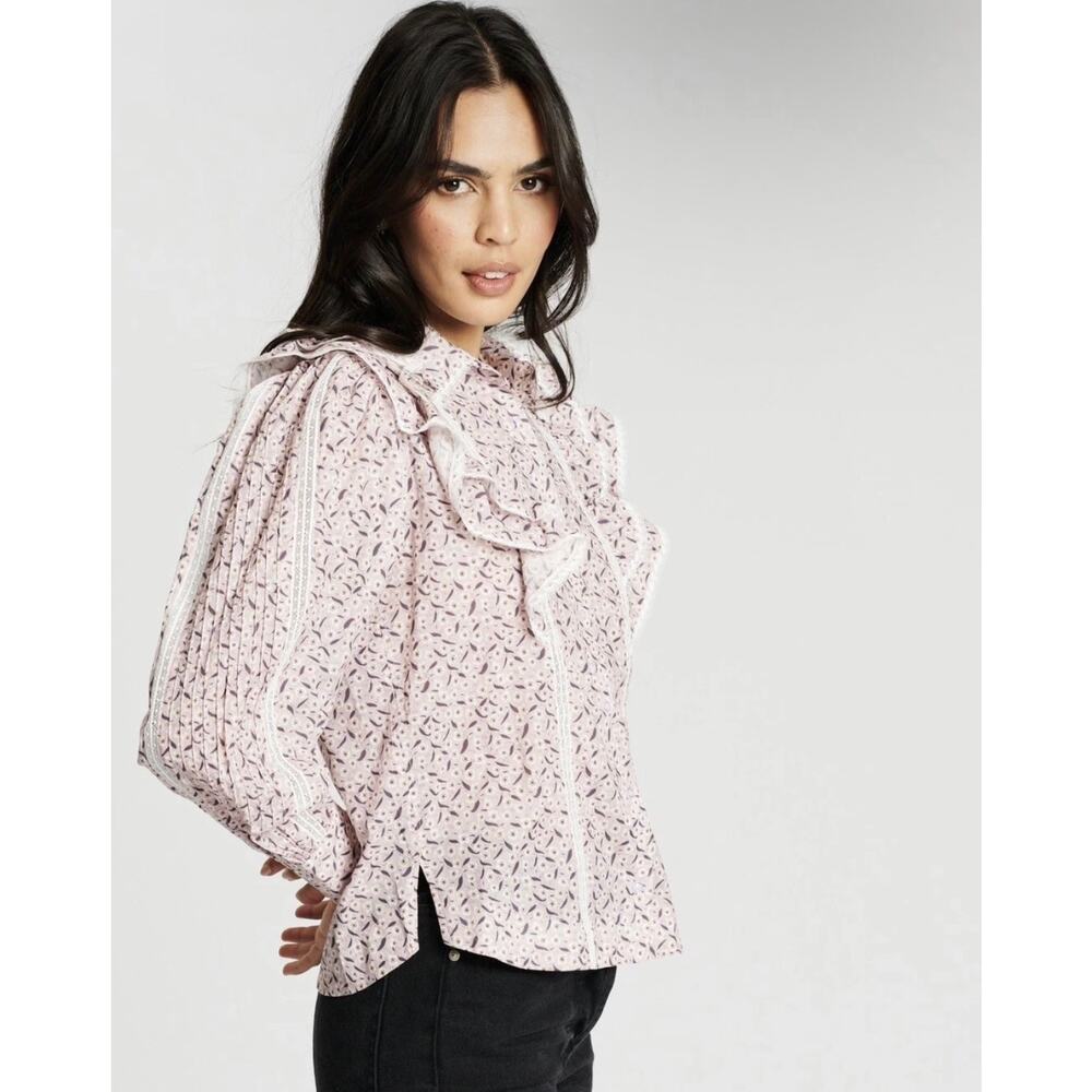 Magali Pascal - Pink Long Sleeve Cotton Blouse with ruffles - size small - Picture 2 of 6